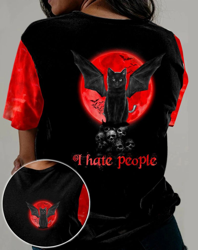 Black Cat Skull I Hate People 3 D All Over Print T Shirt