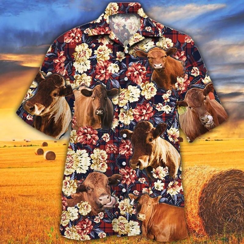 Red Angus Cattle Lovers Red Plaid Pattern Hawaiian Shirt