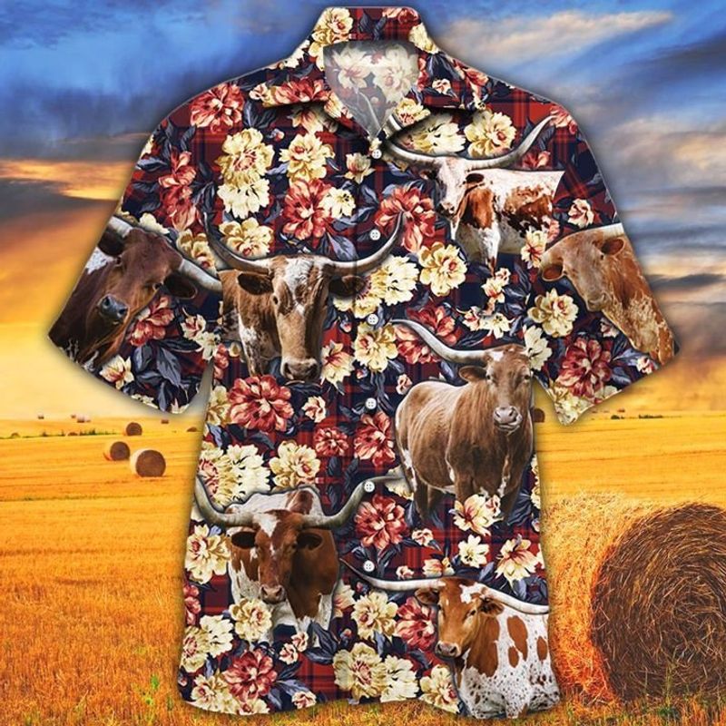 Texas Longhorn Cattle Lovers Red Plaid Pattern Hawaiian Shirt