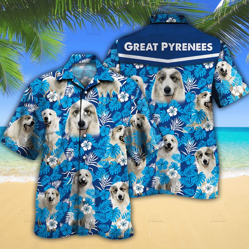 Great Pyrenees Dog Lovers Blue Floral Pattern Hawaiian Shirt