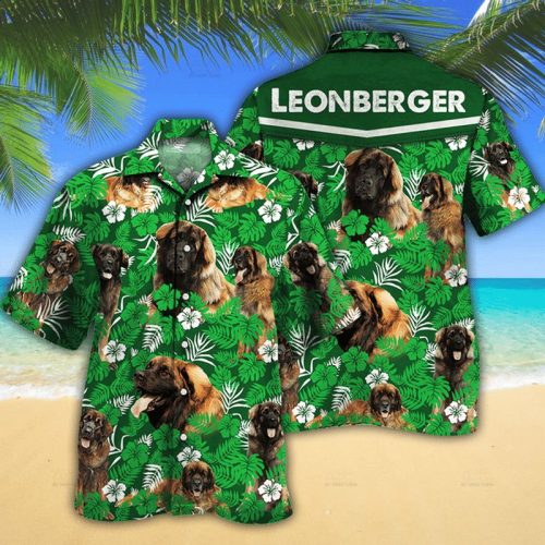 Leonberger Dog Lovers Green Floral Pattern Hawaiian Shirt