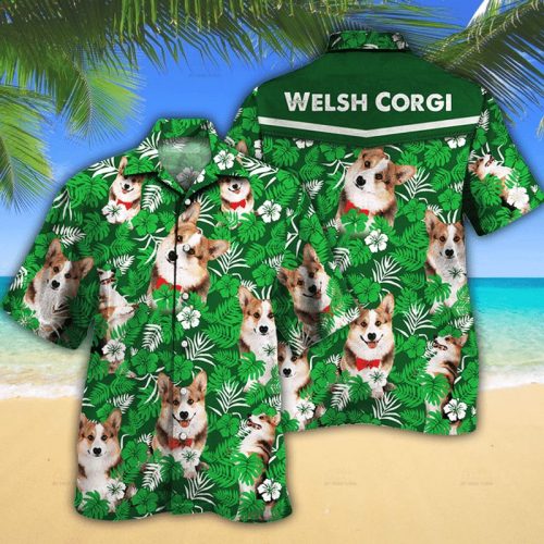 Welsh Corgi Dog Lovers Green Floral Pattern Hawaiian Shirt