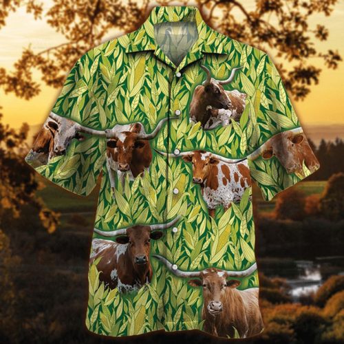 Texas Longhorn Cattle Lovers Corn Pattern Hawaiian Shirt