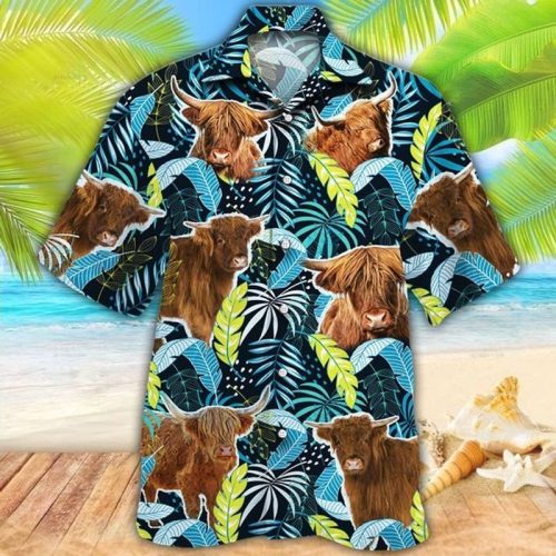 Highland Cattle Lovers Jungle Leaves Hawaiian Shirt