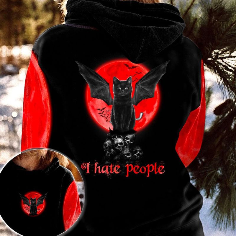 Black Cat Skull I Hate People 3 D All Over Print Hoodie