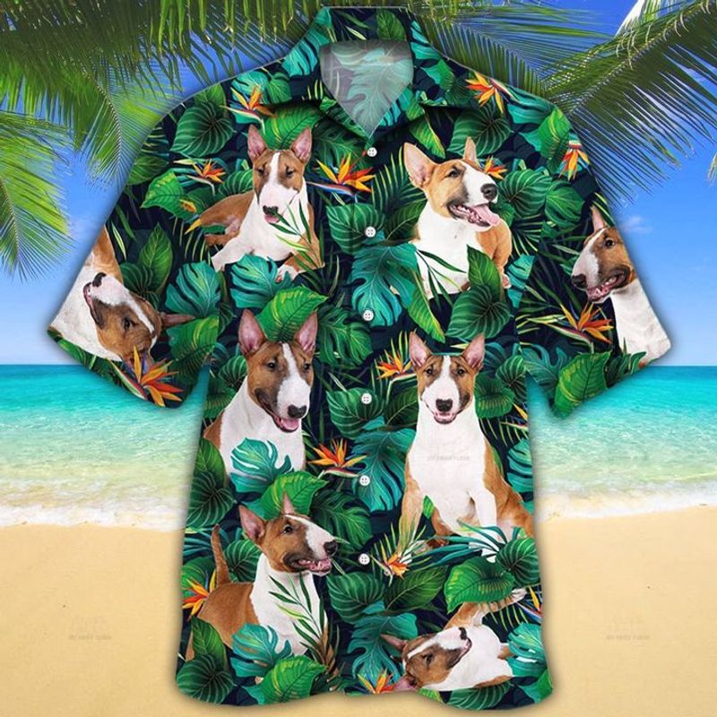 Miniature Bull Terrier Dog Lovers Tropical Leaves Hawaiian Shirt