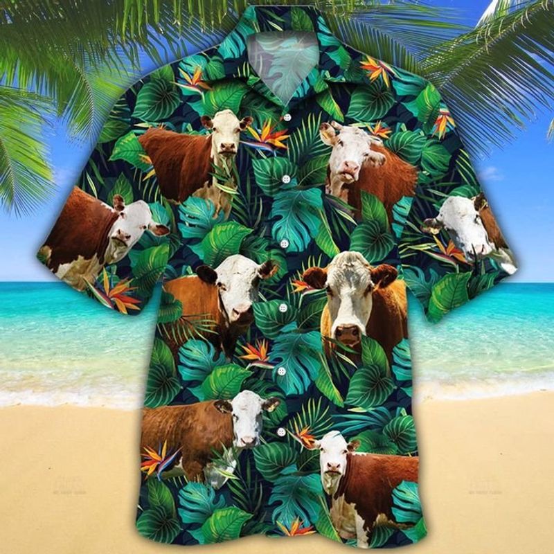 Hereford Cattle Lovers Tropical Leaves Hawaiian Shirt