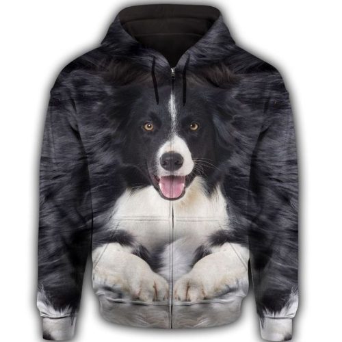 Border Collie Face All Over Print Unisex Zip Hoodie