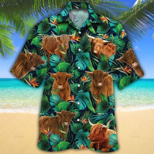 Highland Cattle Lovers Tropical Leaves Hawaiian Shirt