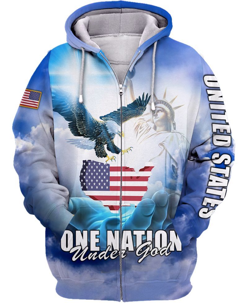 Blue Sky One Nation Under God Flag Eagle 3 D Zip Hoodie