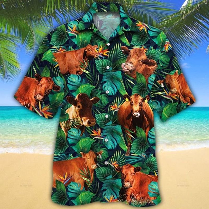 Red Angus Cattle Lovers Tropical Leaves Hawaiian Shirt