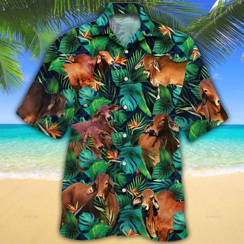 Red Brahman Cattle Lovers Tropical Leaves Hawaiian Shirt