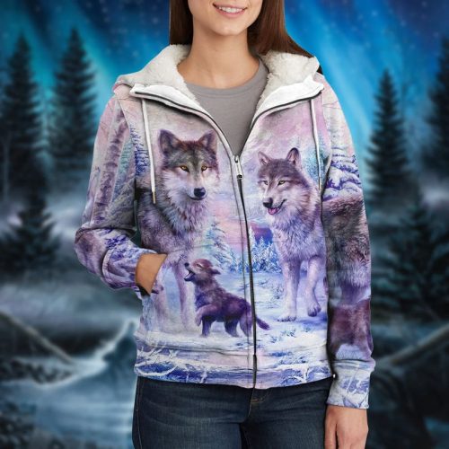 Wolf Family In The Winter Forest Fleece Hoodie
