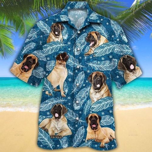 English Mastiff Dog Lovers Blue Feather Hawaiian Shirt