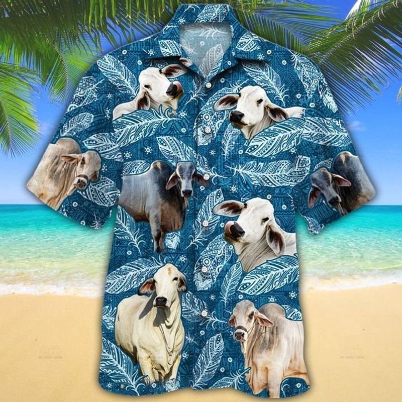 Brahman Cattle Lovers Blue Feather Hawaiian Shirt