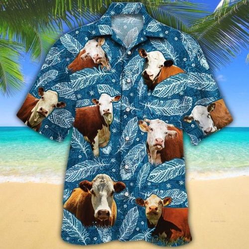 Hereford Cattle Lovers Blue Feather Hawaiian Shirt