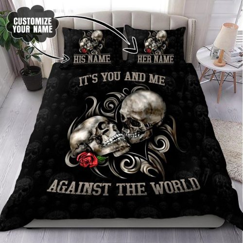 Personalized Name Couple Skull Art Its You And Me Against The World Bedding Set