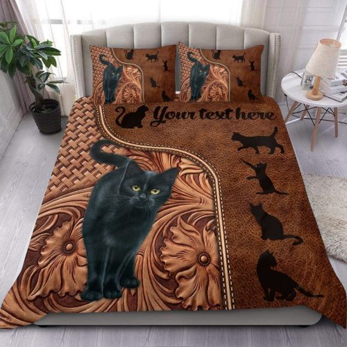 Personalized Black Cat Leather Print Bedding Set