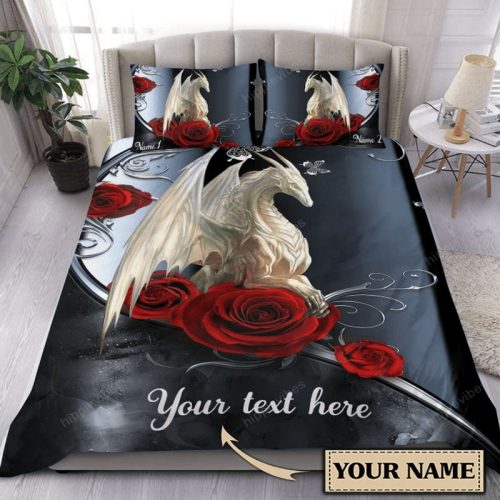 Personalized White Dragon And Rose Bedding Set