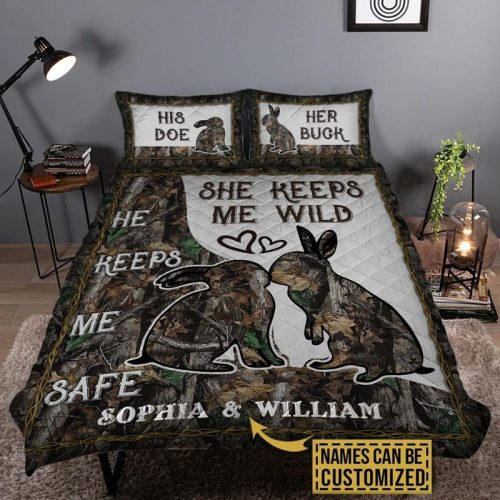 Personalized Rabbit Couple He Keeps Me Safe She Keeps Me Wild Quilt Camo Bedding Set