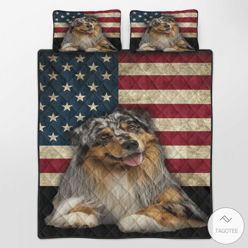 Australian Shepherd American Flag Quilt Bedding Set