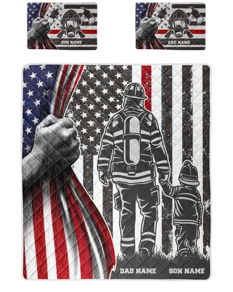 Personalized Dad And Son Firefighter American Quilt Bedding Set