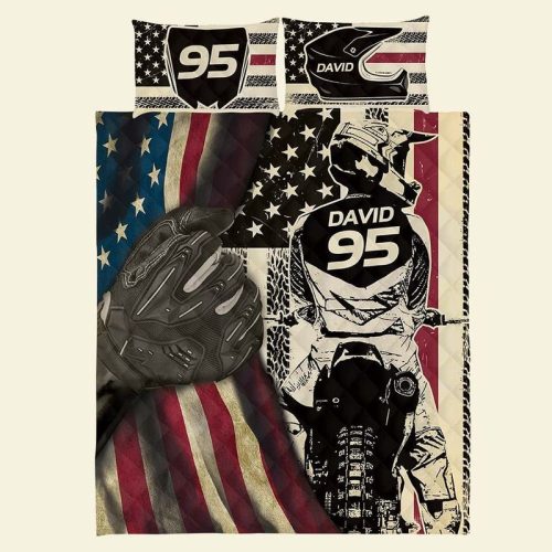 Personalized Motocross Rider Standing For The American Flag Quilt Bedding Set