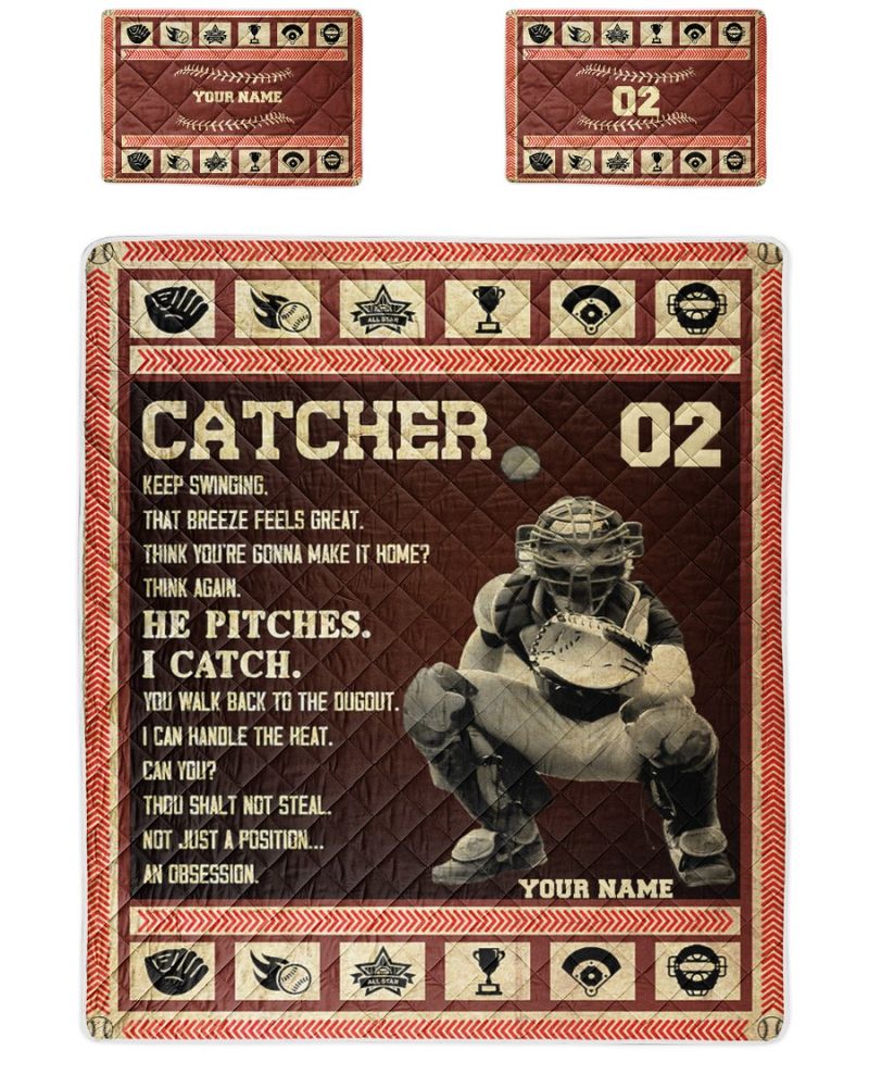 Personalized Baseball Catcher He Pitches I Catch Quilt Bedding Set