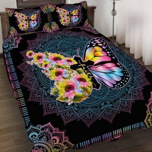 Faith Cross Sunflower Butterflies Mandala Quilt Bedding Set