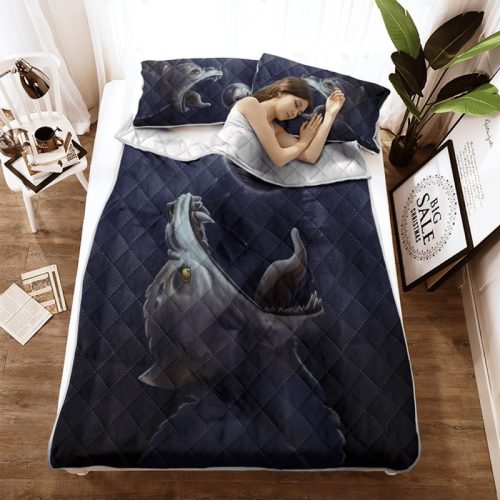Fenrir Wolf Trying To Swallow The Moon Viking Quilt Bedding Set