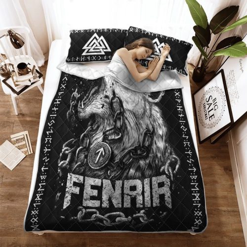 Fenrir Wolf And Valknut Viking Quilt Bedding Set