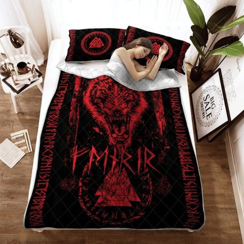 Fenrir Wolf Valknut And Rune Viking Quilt Bedding Set