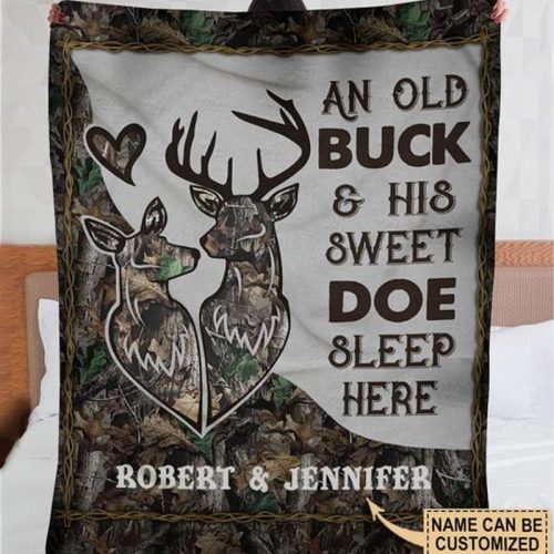 Personalized Deer Camo Couple An Old Buck His Sweet Doe Sleep Here Fleece Blanket