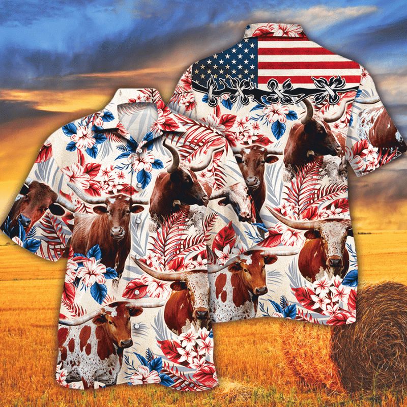 Tx Longhorn Cattle Lovers American Flag Hawaiian Shirt