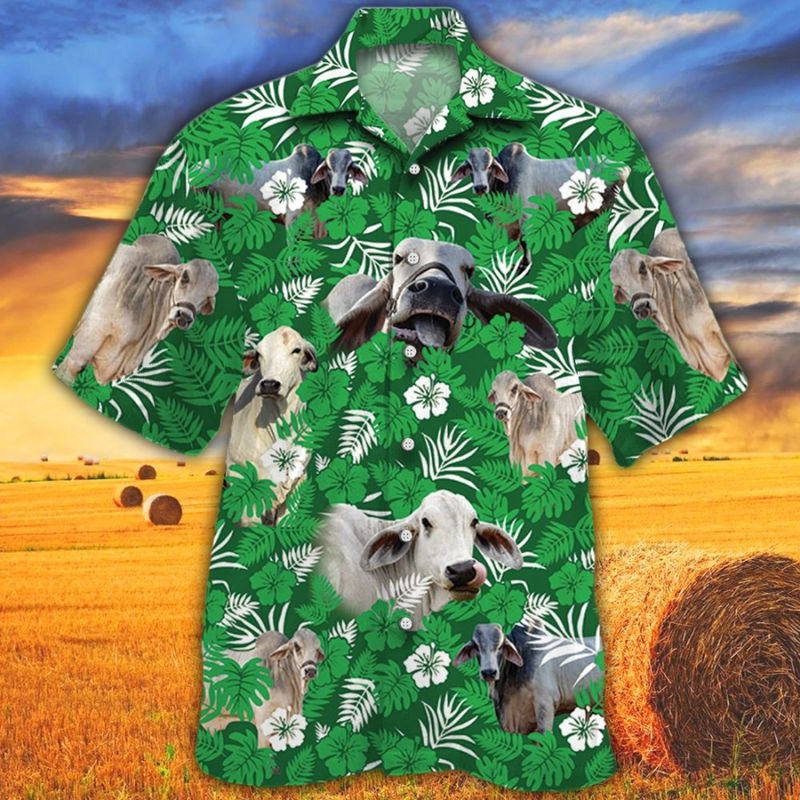 Brahman Cattle Lovers Green Floral Pattern Hawaiian Shirt