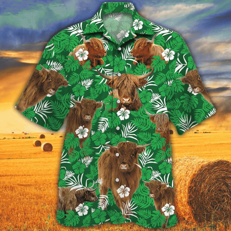Highland Cattle Lovers Green Floral Pattern Hawaiian Shirt