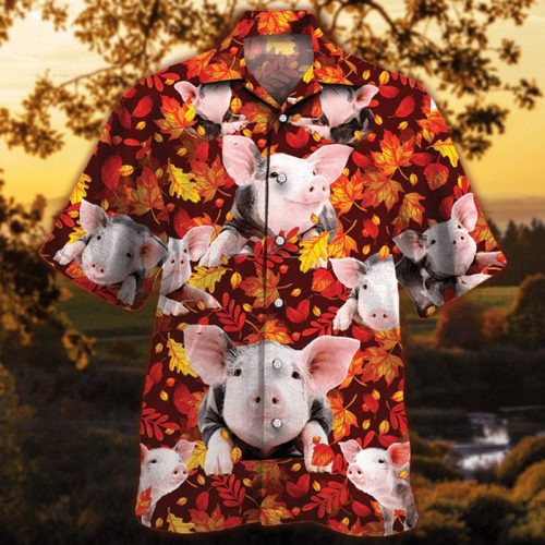 Pig Autumn Red Leaves Hawaiian Shirt