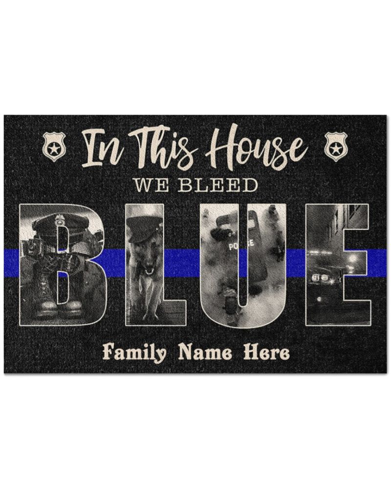 Personalized In This House We Bleed Blue Police Doormat
