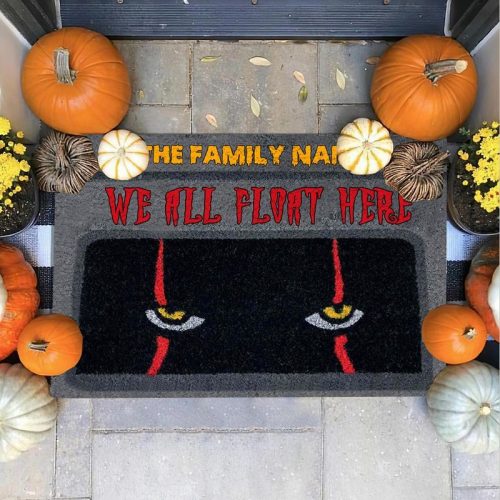 Personalized We All Float Here Halloween Doormat