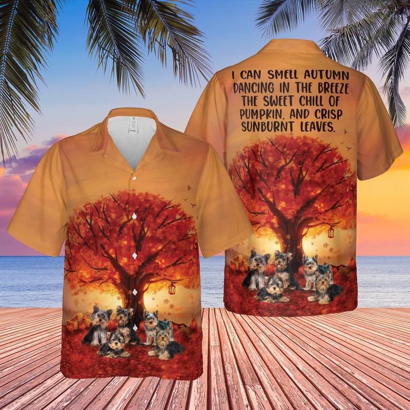 Yorkshire Terrier Smell Autumn Dancing In Breeze Hawaiian Shirt