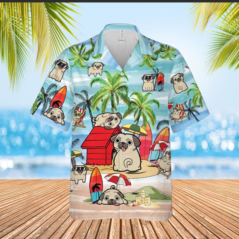 Pug Playing On Beach Summer Vacation Hawaiian Shirt