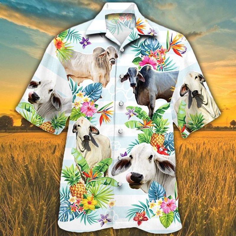 Brahman Cattle Lovers Tropical Flower Hawaiian Shirt