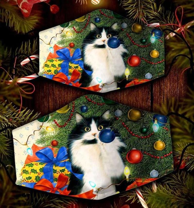 Funny Black And White Fluffy Cat Merry Christmas Cloth Face Mask