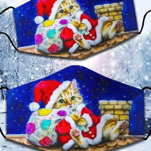 Cute Santa Claus Cat And Chimney Merry Christmas Cloth Face Mask