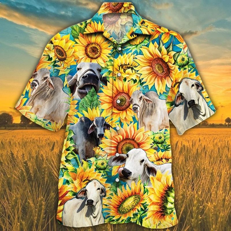Brahman Cattle Lovers Sunflower Watercolor Hawaiian Shirt