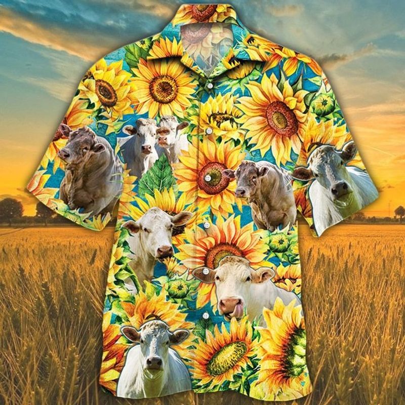 Charolais Cattle Lovers Sunflower Watercolor Hawaiian Shirt