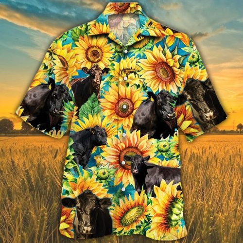 Black Angus Cattle Sunflower Watercolor Hawaiian Shirt