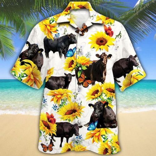 Black Angus Cattle Lovers Sunflower Hawaiian Shirt