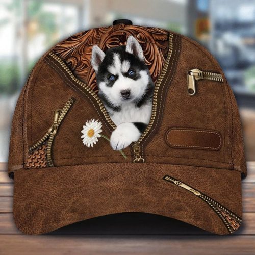 Husky Holding Daisy Zipper Leather Print Hat Cap