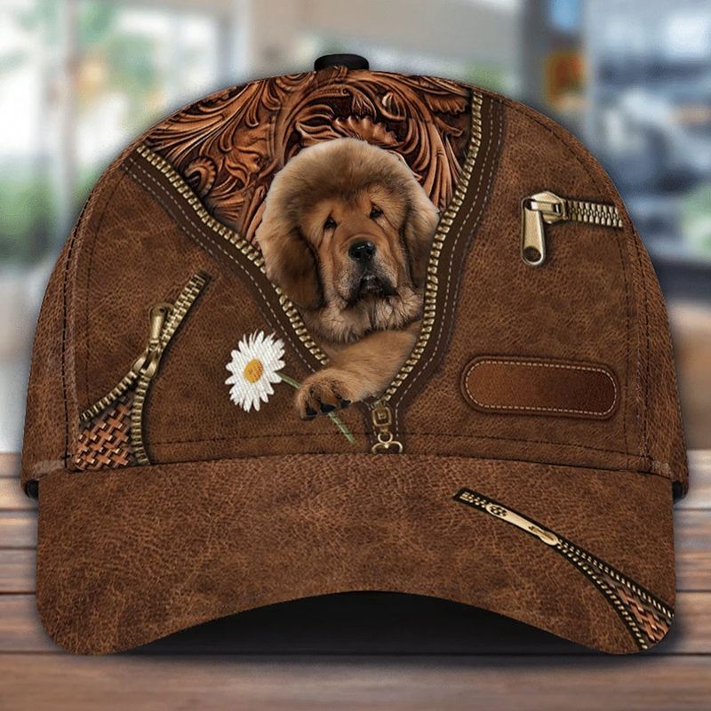 Mastiff Holding Daisy Zipper Leather Print Hat Cap